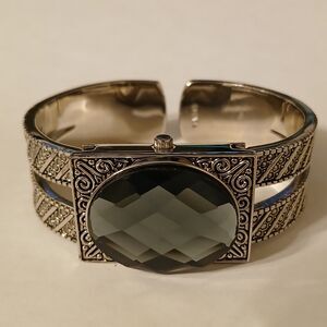 Vtg P.O.V. Hidden Dial Quartz Silver Watch Women Faux Gemstone Tone Dial Hinged